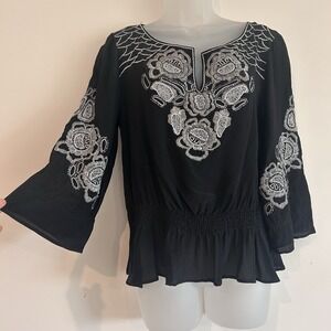 Cache SIlk Blouse Sz S Beaded Floral Embroidered Fairy Whimsigoth Dark Romantic
